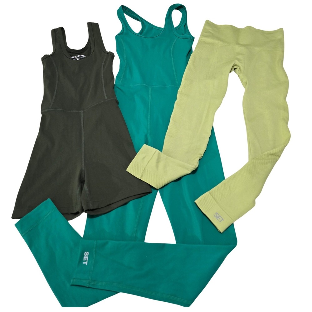 SET ACTIVE Bundle XS Sportbody Romper Teal‎ Bodysuit Lime Green Ribbed Leggings